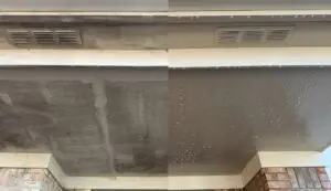 Before and after porch ceiling cleaning showing areas you should never pressure wash.