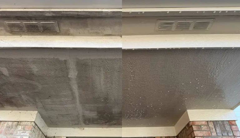 Before and after porch ceiling cleaning showing areas you should never pressure wash.